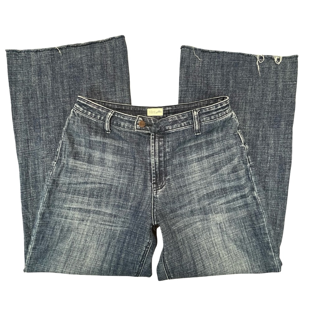 Hint of Blu Womens Wide Leg Jeans Blue Raw Hem High Rise Boho Retro 30